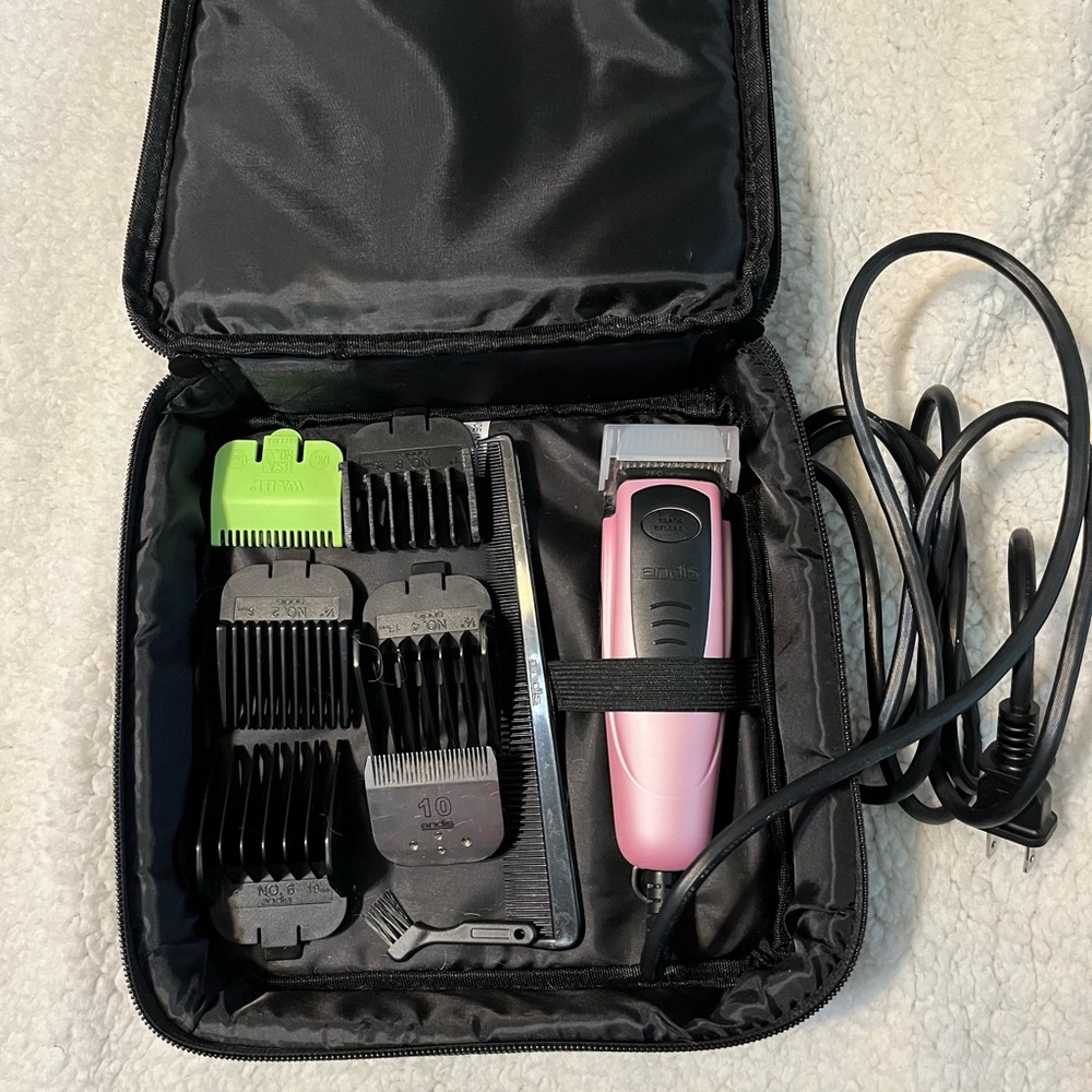 Pink Andis pet Hair Clipper Set with attachments